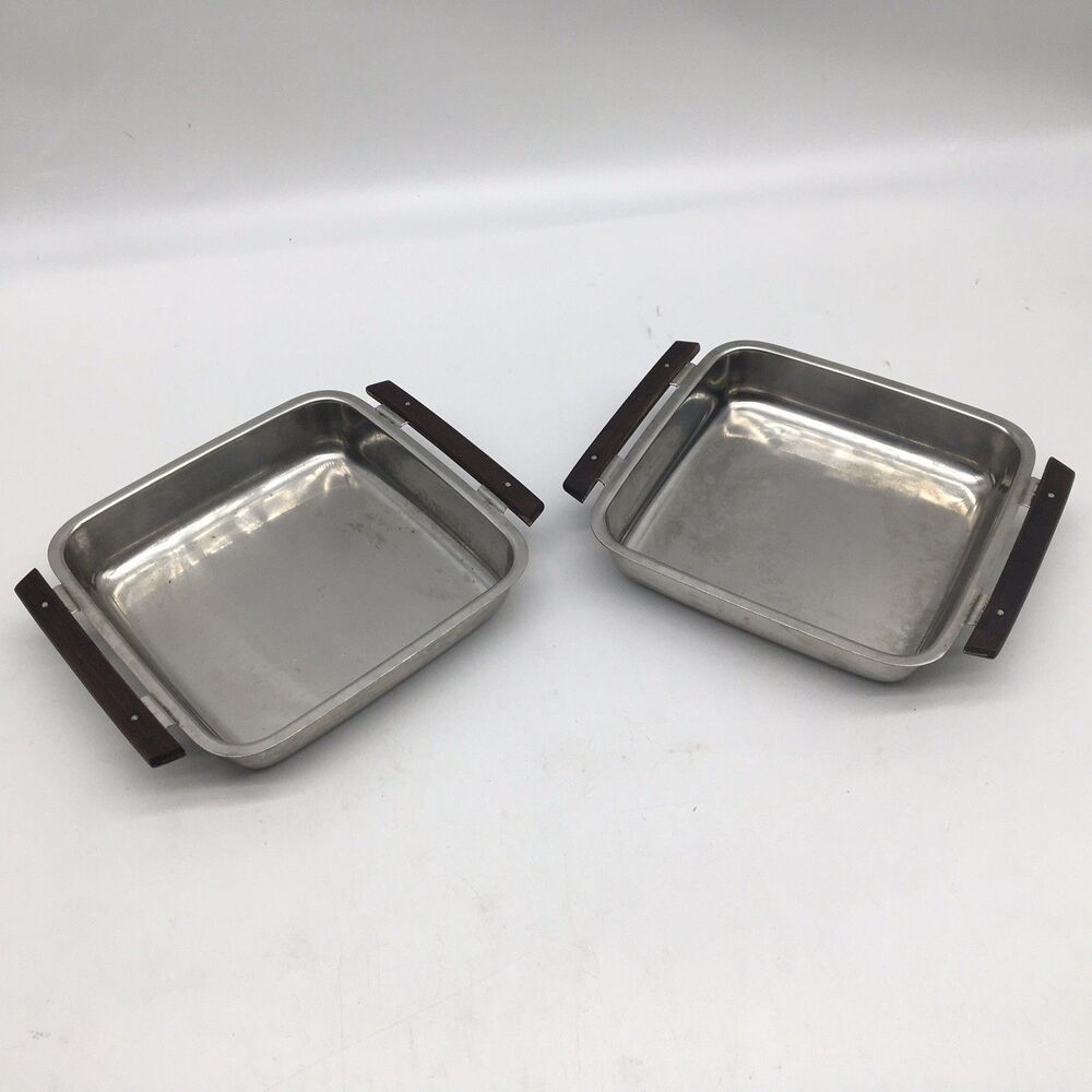 Stelton Denmark Stainless & Teak Dish Square Bowl Danish Modern Set of 2 MCM